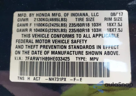 2017 Honda Cr-V Ex-L/Ex-L Navi from USA, damaged, VIN 7FARW1H89HE033425